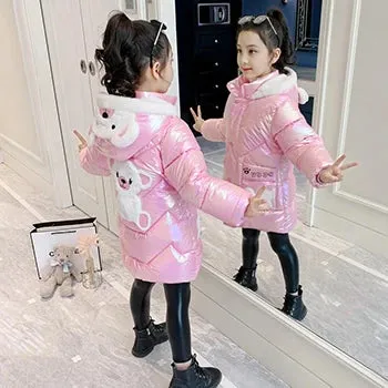 Winter Down Jacket Cute Bear Coats For Girls Fashion Bright Hooded Child Waterproof Outerwear 3 4 6 8 10 Years Girls Long