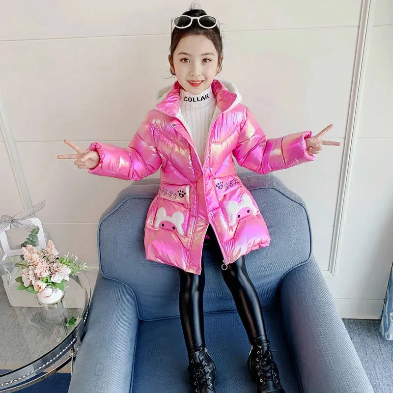 Winter Down Jacket Cute Bear Coats For Girls Fashion Bright Hooded Child Waterproof Outerwear 3 4 6 8 10 Years Girls Long