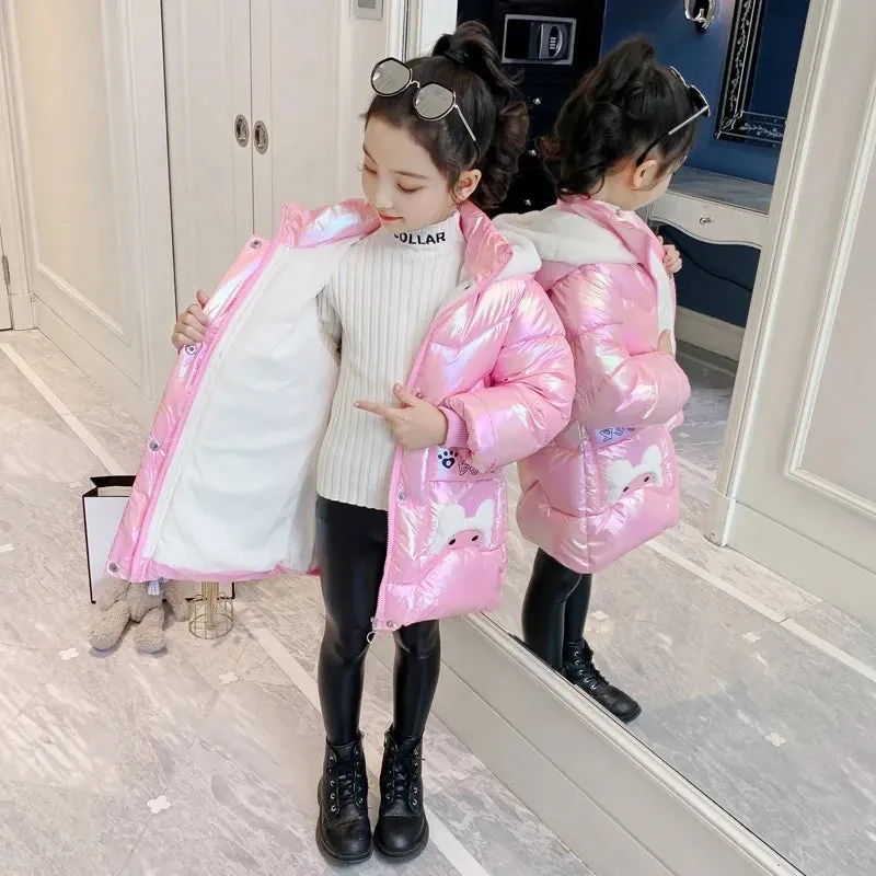 Winter Down Jacket Cute Bear Coats For Girls Fashion Bright Hooded Child Waterproof Outerwear 3 4 6 8 10 Years Girls Long