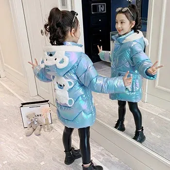 Winter Down Jacket Cute Bear Coats For Girls Fashion Bright Hooded Child Waterproof Outerwear 3 4 6 8 10 Years Girls Long