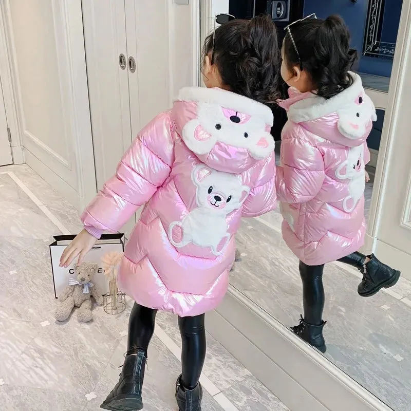 Winter Down Jacket Cute Bear Coats For Girls Fashion Bright Hooded Child Waterproof Outerwear 3 4 6 8 10 Years Girls Long