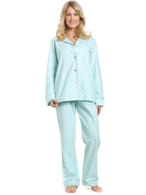 Womens Premium 100% Cotton Flannel Pajama Sleepwear Set - Dots Diva Aqua-Gray