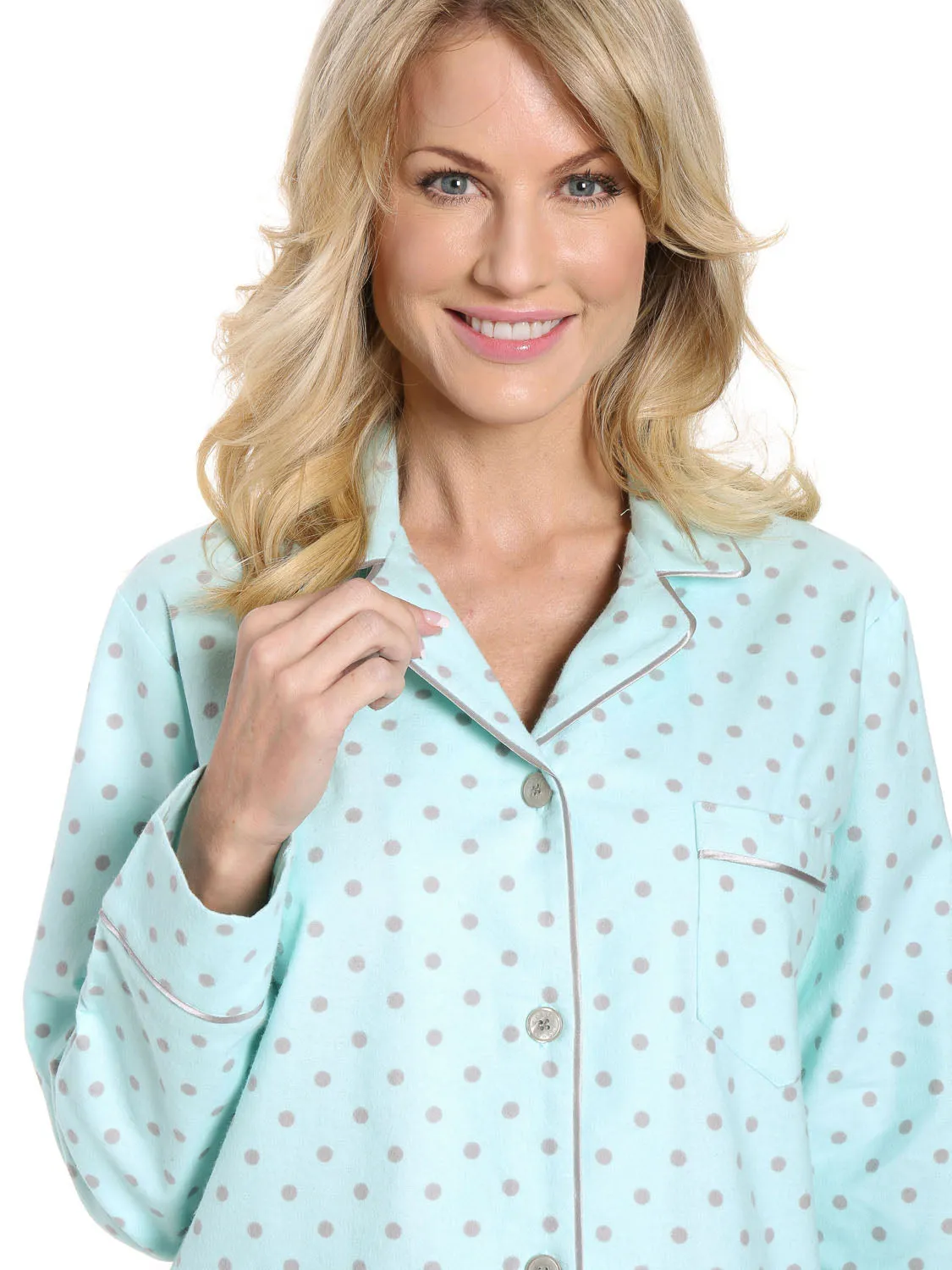 Womens Premium 100% Cotton Flannel Pajama Sleepwear Set - Dots Diva Aqua-Gray