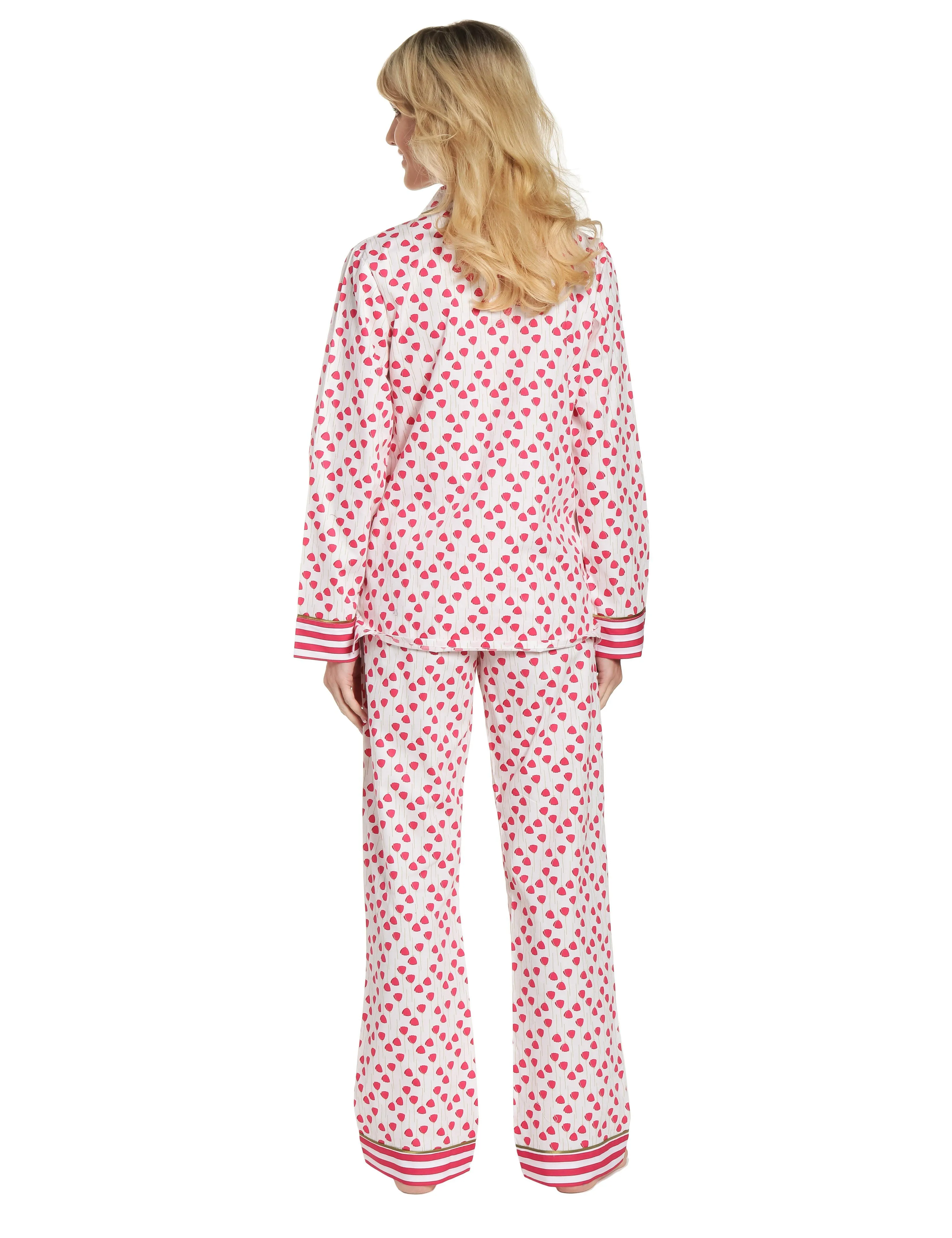 Womens Premium 100% Cotton Poplin Pajama Set with Contrast Cuffs