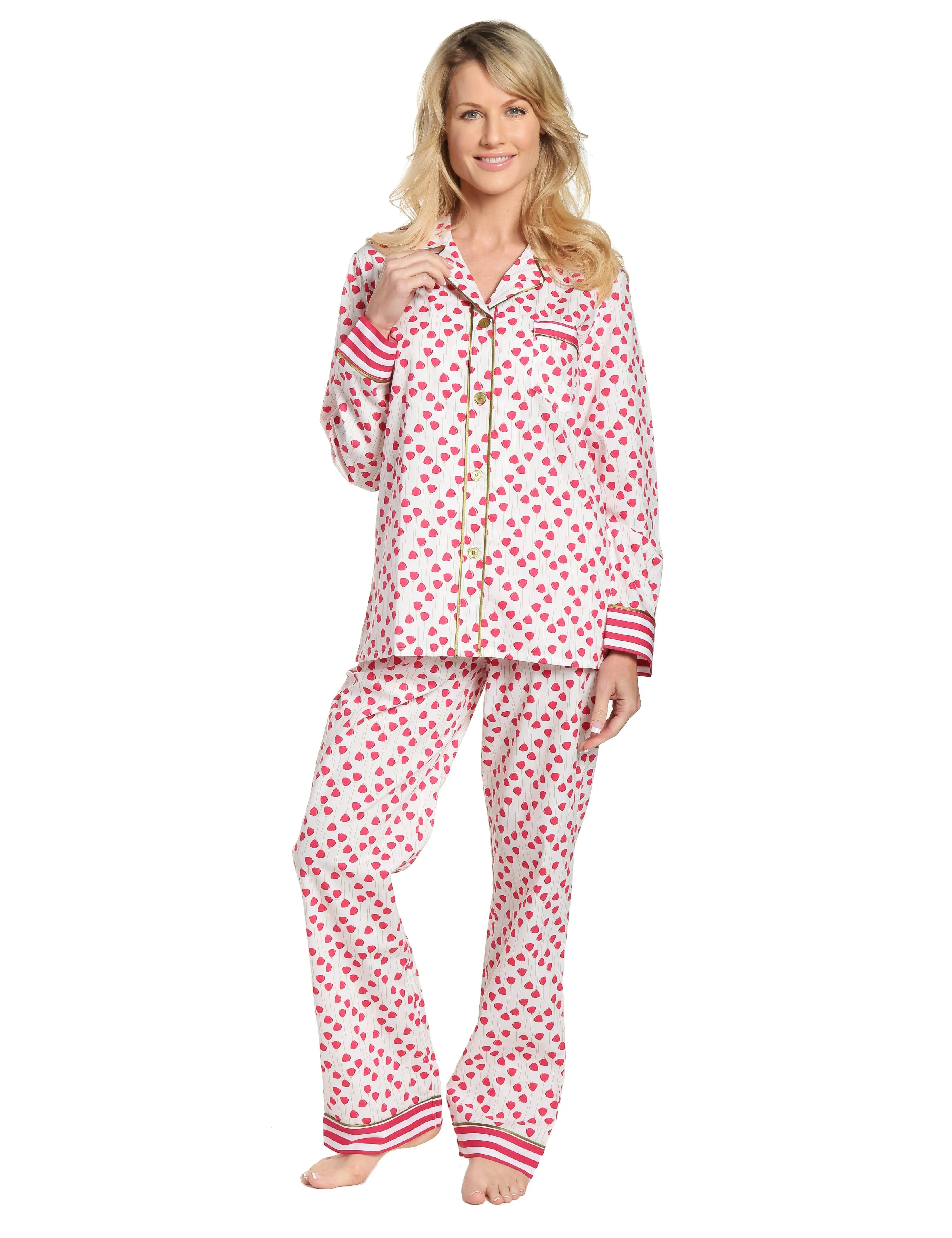 Womens Premium 100% Cotton Poplin Pajama Set with Contrast Cuffs