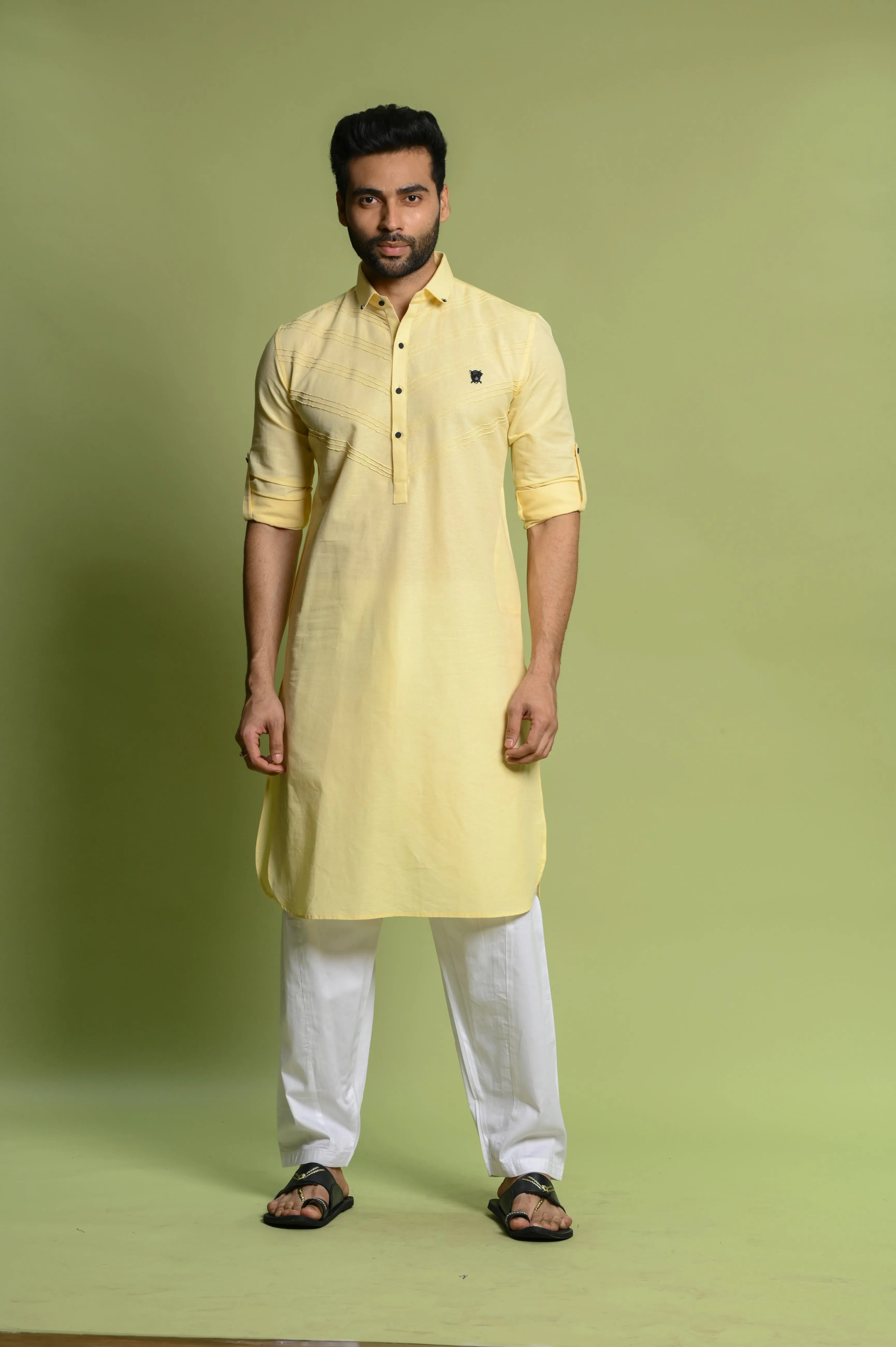 Yellow Slim Fit Men's Pathani Set in Cotton