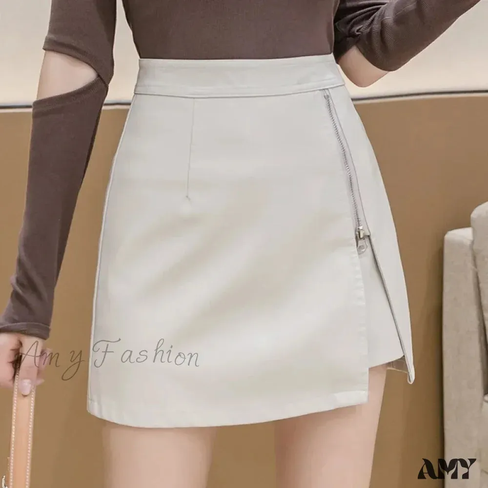 Zipper  Opening Anti-light Leather High Waist Trendy Elegant A-Line Skirt